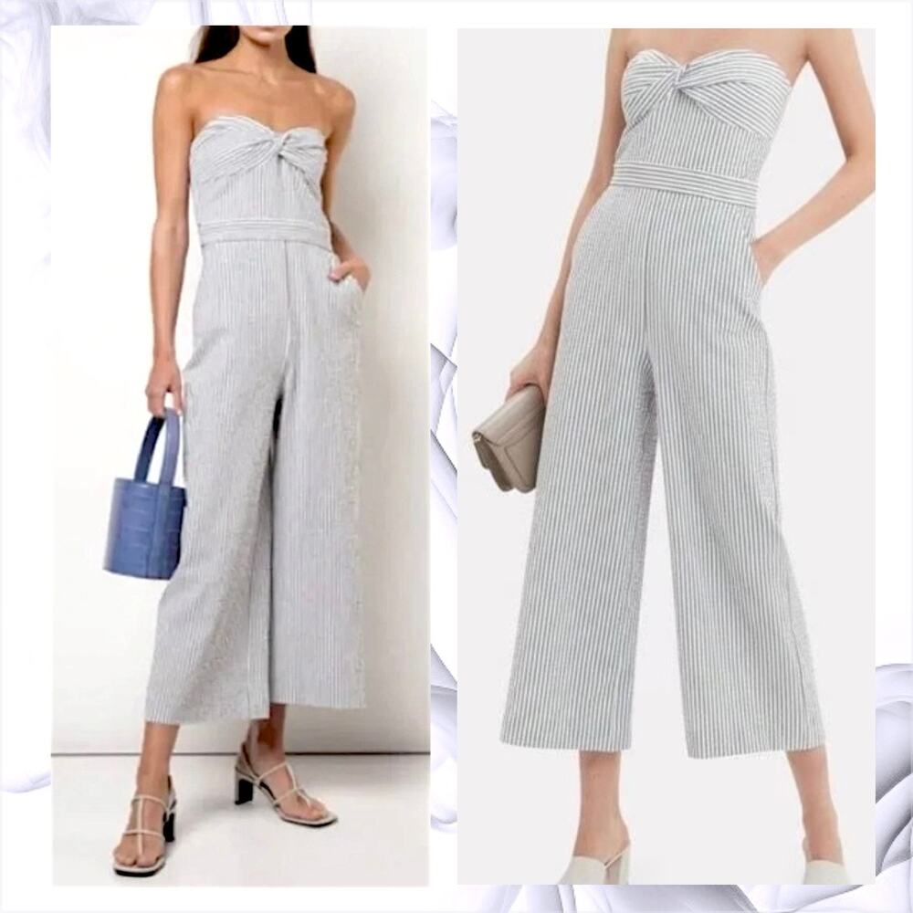 VERONICA BEARD Serild Jumpsuit Seersucker Strapless White Blue Coquette Chic 00